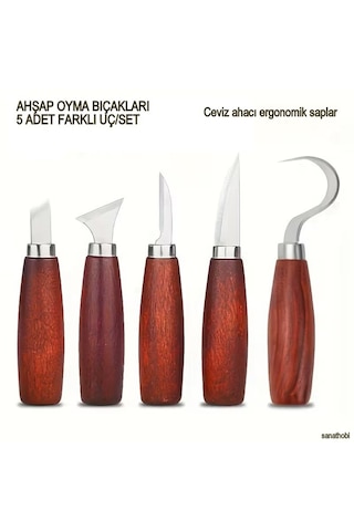 Ceviz Ağacı Ahşap Saplı, Paslanmaz Çelik Uçlara Sahip Beş Parçalık Profesyonel Oyma Yontma Bıçak Seti İskarpela