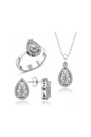 Sertifikalı Swarovski Damla Taşlı Tek Taş 925 Gümüş Set