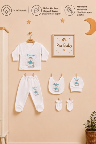Pia Baby Kişiye Özel %100 Pamuk 5 Parça Erkek Bebek Zıbın Seti 2069z3x Krem
