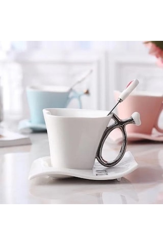 Createtech Mavi Kalp Şeklinde Bardak Set, Sevgililer Günü Hediyesi, Fincan Ve Süt Kaşığı İle Sıcak Kahve Mavi