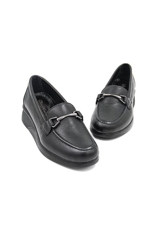 De Scario 715 Deri Toka Detaylı Deri Kadın Loafer Ayakkabı - Siyah Siyah