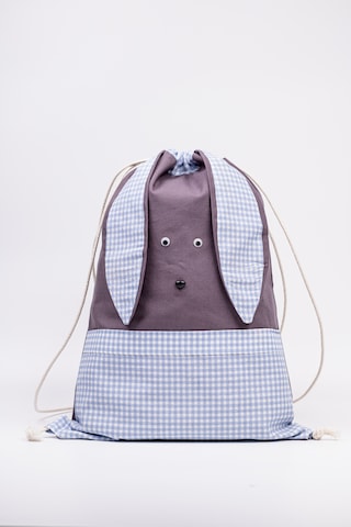 Fabric Craft Bag Tavşan Figürlü Çocuk Bez Çanta Mavi Kareli 33x45 Cm Büzgülü Koyu Gri