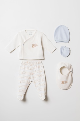 Hafy Baby 5 Parça, Ayıcık Desenli, Erkek Bebek Hastane Çıkışı Seti Ekru