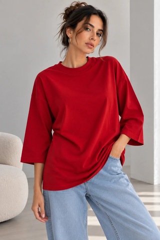 Bb Butik Basic Kadın Oversize Modal Bluz Truvakar Kol Basic Lnc34 Kırmızı