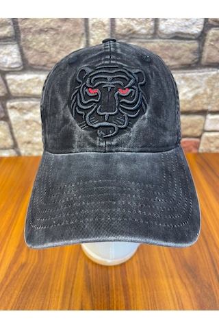 Hamze Kaplan Nakışlı Vintage Eskitme Yıkamalı Gabardin Cap Şapka Siyah