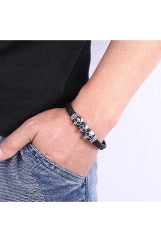 Paslanmaz Çelik Kurukafa Yakışıklı Takı Deri Bileklik Erkek Paslanmaz Çelik Takı Siyah Siyah