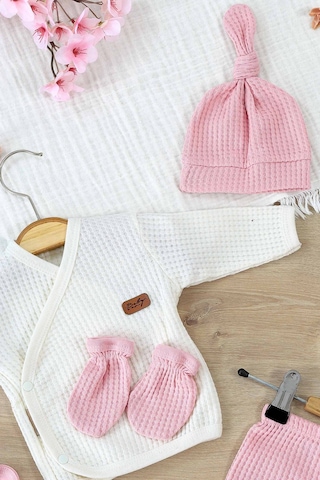 Sitilin Kız Bebek Beyaz Natural % 100 Pamuk Kumaş 5 Li Hastane Çıkışı Seti Stl6999 Beyaz