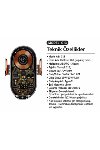 Kablosuz Araç İçi Şarj Cihazı Telefon Tutucu 3 Farklı Başlıklı Otomotaik Ayarlama Siyah