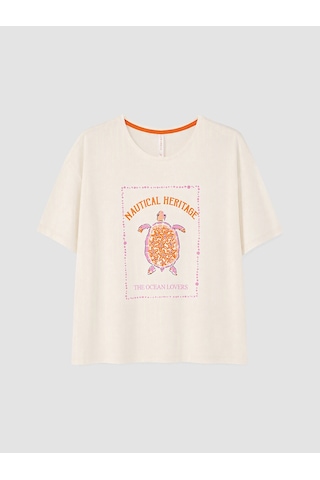 Lcw Dream Ekru Bisiklet Yaka Baskılı Pijama Üst