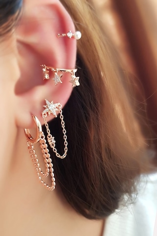 MorMajor Silver Tekli Ithal Mini Yıldızlı Zincir Taşlı Gümüş Küpe-5576