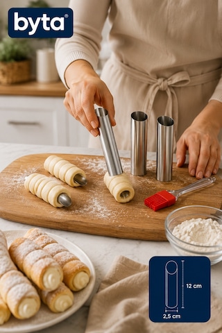 4 Parça Paslanmaz Çelik Rulo Hamur Kalıbı Seti 12 Cm 3'lü Külah Tatlı Kalıbı + Silikon Spatula Hediyeli Diğer