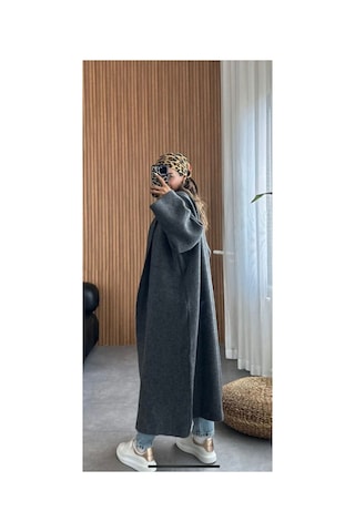 İkrafashion Maxi Boy Uzun Tesettür Triko Hırka Antrasit Antrasit