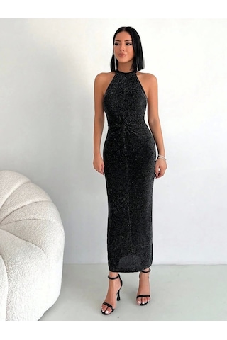 Simli Buzi Elbise Siyah