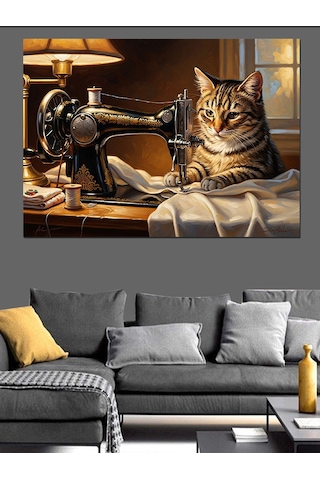 Ahşap Tablo Dikiş Makinesi Ve Meraklı Kedi