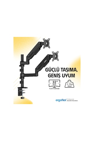Ergoflex S16 Çift Kol 22-35inch Amortisörlü 2-9 Kg Monitör Standı 2026 Versiyon Gri