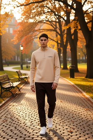 Benerly Erkek Dik Yaka Standart Kol Nakışlı Sweatshirt Fonksiyonel Dayanı Bej