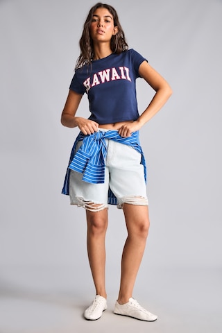Defacto Fitted Bisiklet Yaka Hawaii Baskılı Ribana Kısa Kollu Crop Tişört I5341ax26hsnv241 Lacivert-nv241
