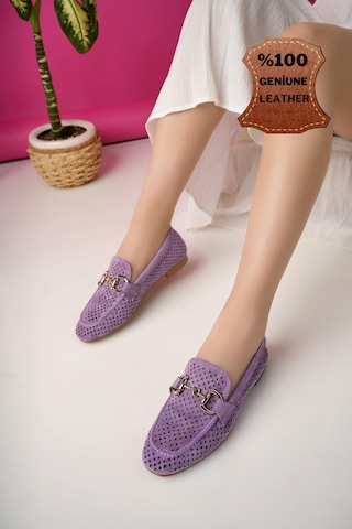 Muggo Phuket Garantili Metal Tokalı Lazerli Nefes Alabilen Deri Kadın Loafer Günlük Ayakkabı Mor
