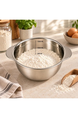 Paslanmaz Çelik 1500 Ml Ölçülü Kap 23 Cm, İç Ölçek Çizgili 1,5 Litre Karıştırma Ve Hazırlık Kabı, Çift Yan Tutamaçlı Mutfak Ölçü Kabı Çok Renkli