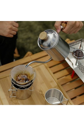 Fastbuy 304 Paslanmaz Çelik 650ml Taşınabilir Kahve Demleme Cezvesi, Ahşap Saplı Uzun Burunlu Gümüş Renkli Gümüş