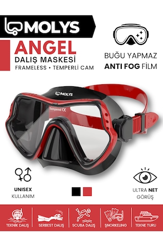 Molys Angel Dalış Maskesi + Antı Fog Buğu Önleyici Film + Pro Full Dry Tam Kuru Şnorkel + Maske Koruma Kutusu Set Halinde Siyah - Kırmızı