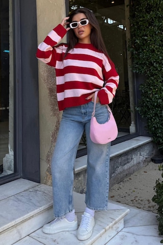 Pudra Bisiklet Yaka Çizgili Oversize Triko Kazak Mg1972 Pudra