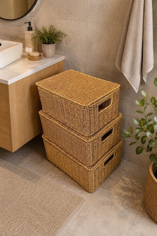 Morponi 3'lü Kapaklı Hasır Rattan Organizer Sepet Shr4404 Sarı
