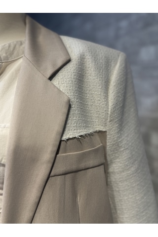 Kadın Krem Keten Tüvit Mix Blazer Ceket Krem