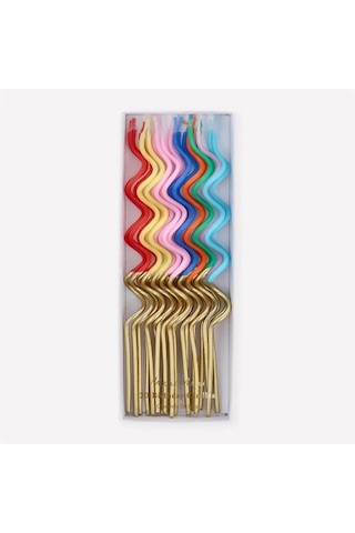 Meri Meri - Gold Dipped Swirly Candles - Altın Detaylı Renkli Kıvrımlı Mumlar - 20 Adet Çok Renkli