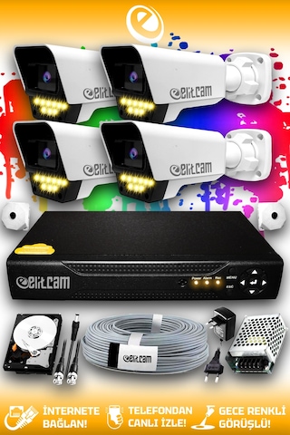 Elitcam 4 Kameralı Süper 4 Dış Kamera Set 250 GB 5 MP 2K Net Renkli Gece Görüşlü Güvenlik Kamerası Sistemi