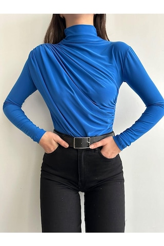 Kadın Büzgü Detaylı Dik Yaka Sandy Bluz Saks