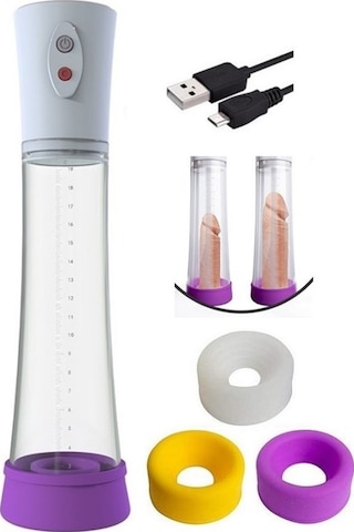 Erofoni Yeni Nesil Usb Şarjlı 20 CM Otomatik Vakumlu Penis Pompası + 3 Pompa Girişi