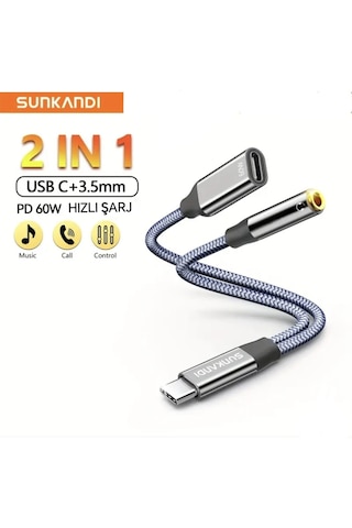 Sunkandı 2'si 1 Arada Type-c To 3.5mm+60w Hızlı Şarj Ve Kulaklık Çevirici Dac Çip+hi-fi Ses Teknolojisi Ce Lisanslı Sertifikalı Hasır Örgülü Sağlam Kablo Gri