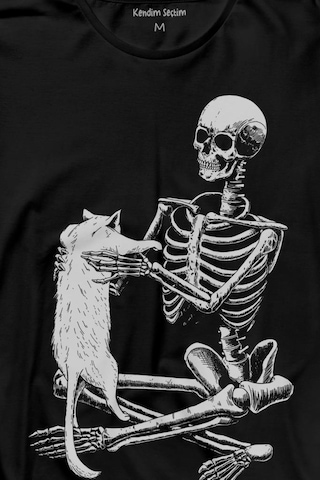İskelet Ölünceye Kadar Kedi Seveceğim Skeleton Cat Love Uzun Kollu Tişört Baskılı T-shirt 001