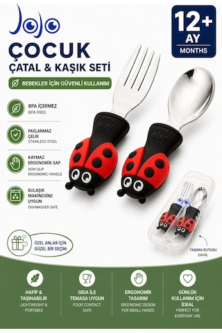 Uğurböceği Premium Çocuk Bpa'sız Silikon Saplı Paslanmaz Çelik Uçlu Çatal-kaşık/saklama Kutusu 9+ay Siyah - Kırmızı