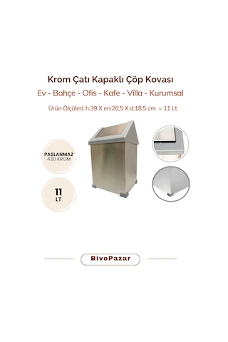 Krom Sallanır Çatı Kapaklı Çöp Kovası 11 Lt