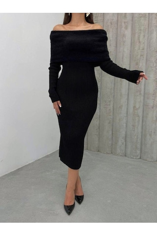 Msm Fashion Kadın Elbise Uzun Triko Kışlık Madonna Yaka Likralı Kalem Elbise Siyah