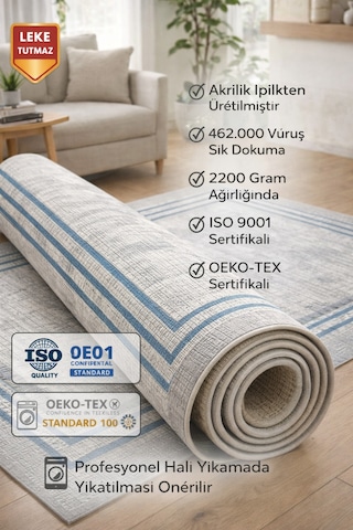 Premium Akrilik Modern Salon Halısı - Mavi Çerçeveli 462.000 Vuruş Sık Dokuma Leke Tutmaz Lacivert