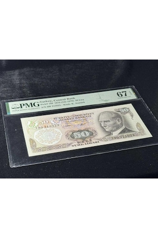 Türk Lirası Pmg 67 Epq Superb Gem Unc 50 Lira P 188 1970 Nd 1976 S/n I90 6. Emisyon 2. Tertip