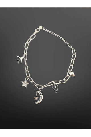 Gümüş Renk Charm Figürlü 316l Çelik Zincir Bileklik Ay, Yıldız, Kalp Detaylı Şık Tasarım Gümüş Gümüş Renk Charm Figürlü 316l Çelik Zincir Bileklik Ay, Yıldız, Kalp Detaylı Şık Tasarım Gümüş