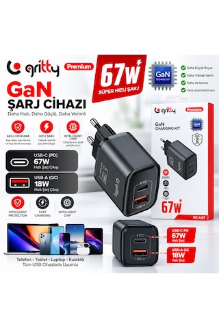 Gan 67w 2 Portlu Usb-a Type-c Pd Hızlı Şarj Adaptörü Siyah Gri - Siyah