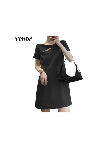 Sarı Vonda Bayan Yaz Yuvarlak Yaka Kısa Kollu Yırtmaçlı İnci Düğme Düz Tek Renk Kısa Elbiseler