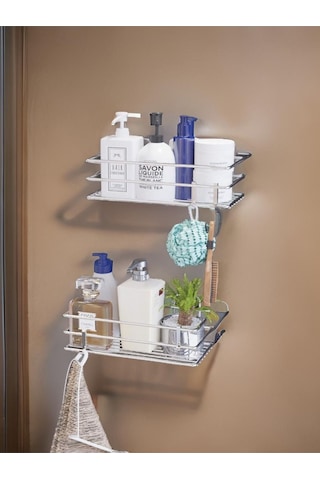 Suntel Krom Renk Yapışkanlı Kancalı 2 Adet Set Banyo Rafı Gri