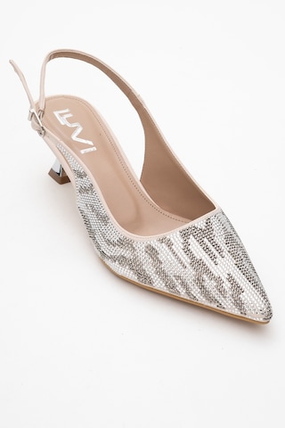 Luvishoes Luvi Shoes Ushes Bej Saten Taşlı Kadın Kısa Topuklu Abiye Ayakkabı Bej