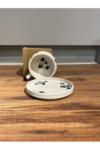 Mavi Çiçek Desenli Seramik Kupa, Mug, Double Türk Kahvesi Filtre