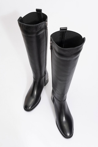 Luvishoes Luvi Shoes Rochos Siyah Cilt Streç Detaylı Hakiki Deri Kadın Çizme Siyah Mat