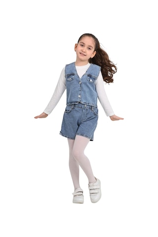 Erdem Kıds Kız Çocuk Pamuklu Jean Denim Düğmeli Kot Yelek Mavi Mavi