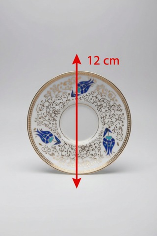 6 Kişilik Mavi Alev Lale Desen Yaldızlı Çay Tabağı 12cm Beyaz