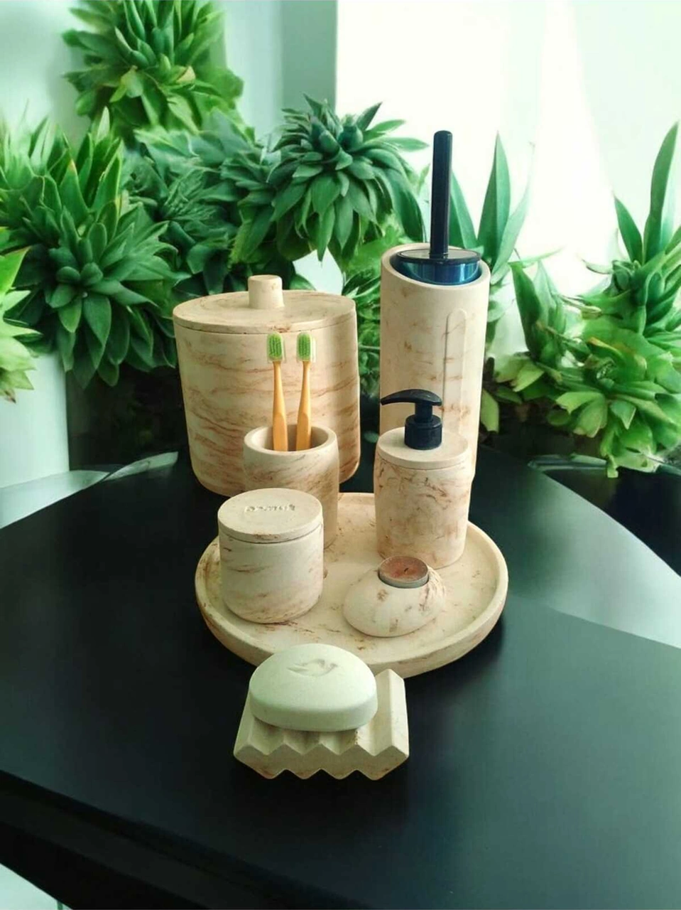 Mermer Desen Bej Beton Banyo Set,,tuvalet Wc,çöp Kovası,sabunluk,tepsi,pamukluk,mumluk,aksesuar Bej
