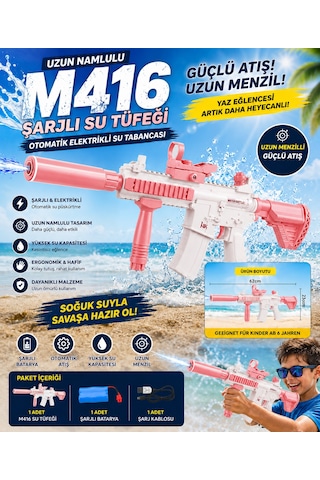 Uzun Namlulu M416 Şarjlı Su Tüfeği Otomatik 60 Cm Elektrikli Su Tabancası Pembe